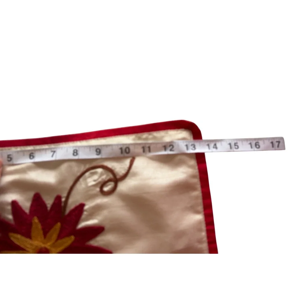 Floral Embroidered Table Runner Ivory Red Orange Boho Chain Stitch 13.5